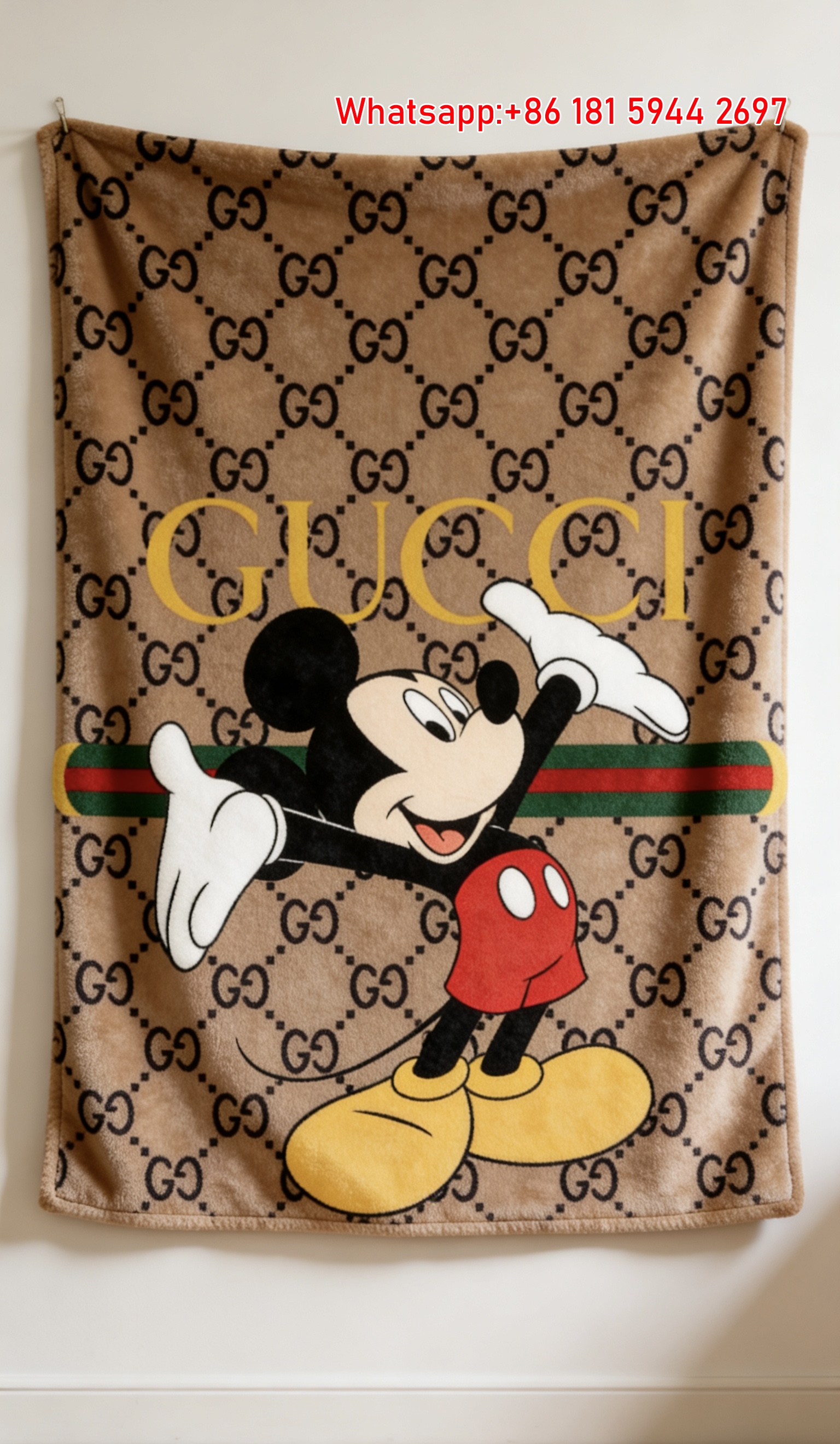 Gucci Mickey Mouse Tan GG Monogram Flannel Blanket Wall Hanging throw blankets IMG_2406